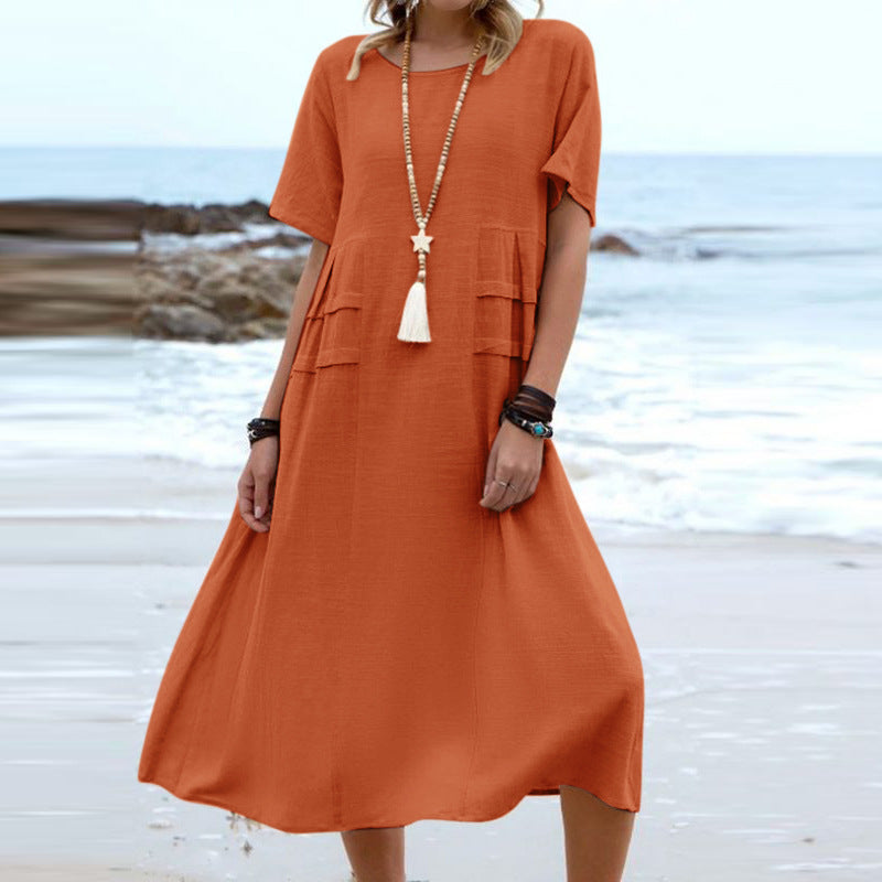 Round Neck Short Sleeves Mid-length Dress