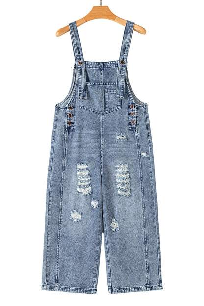 Blue Zone Planet | Stone Blue Distressed Bib Pocket Wide Leg Denim Overall