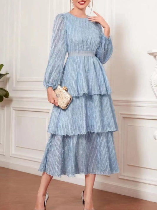 Full Size Layered Balloon Sleeve Midi Dress Plus Size