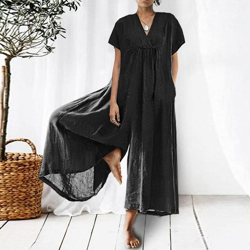 Loose V-neck Long Short Sleeves Jumpsuit