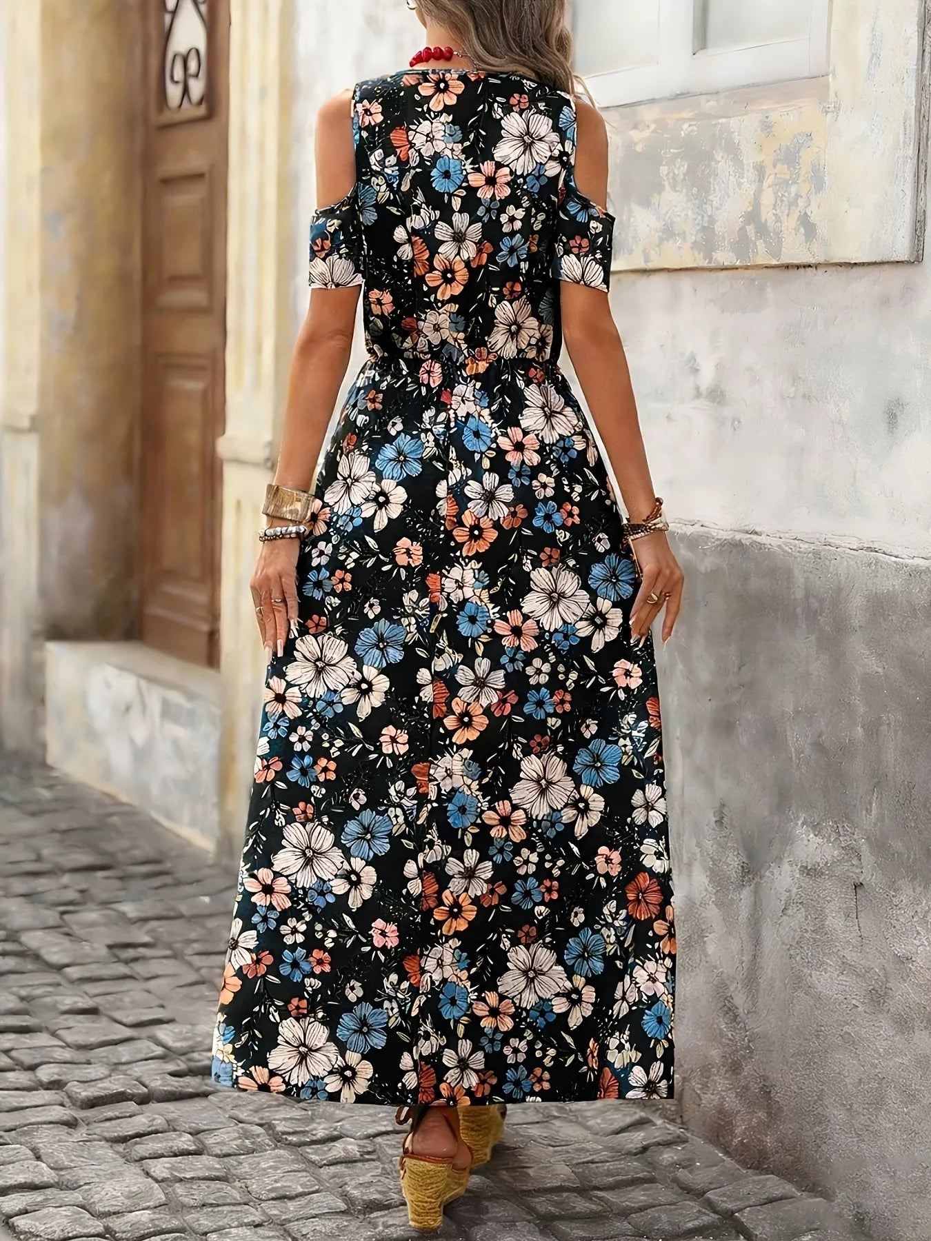 Cold Shoulder Floral Print Maxi Dress