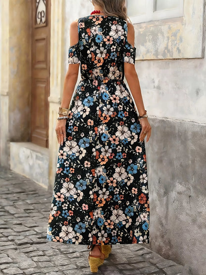 Cold Shoulder Floral Print Maxi Dress