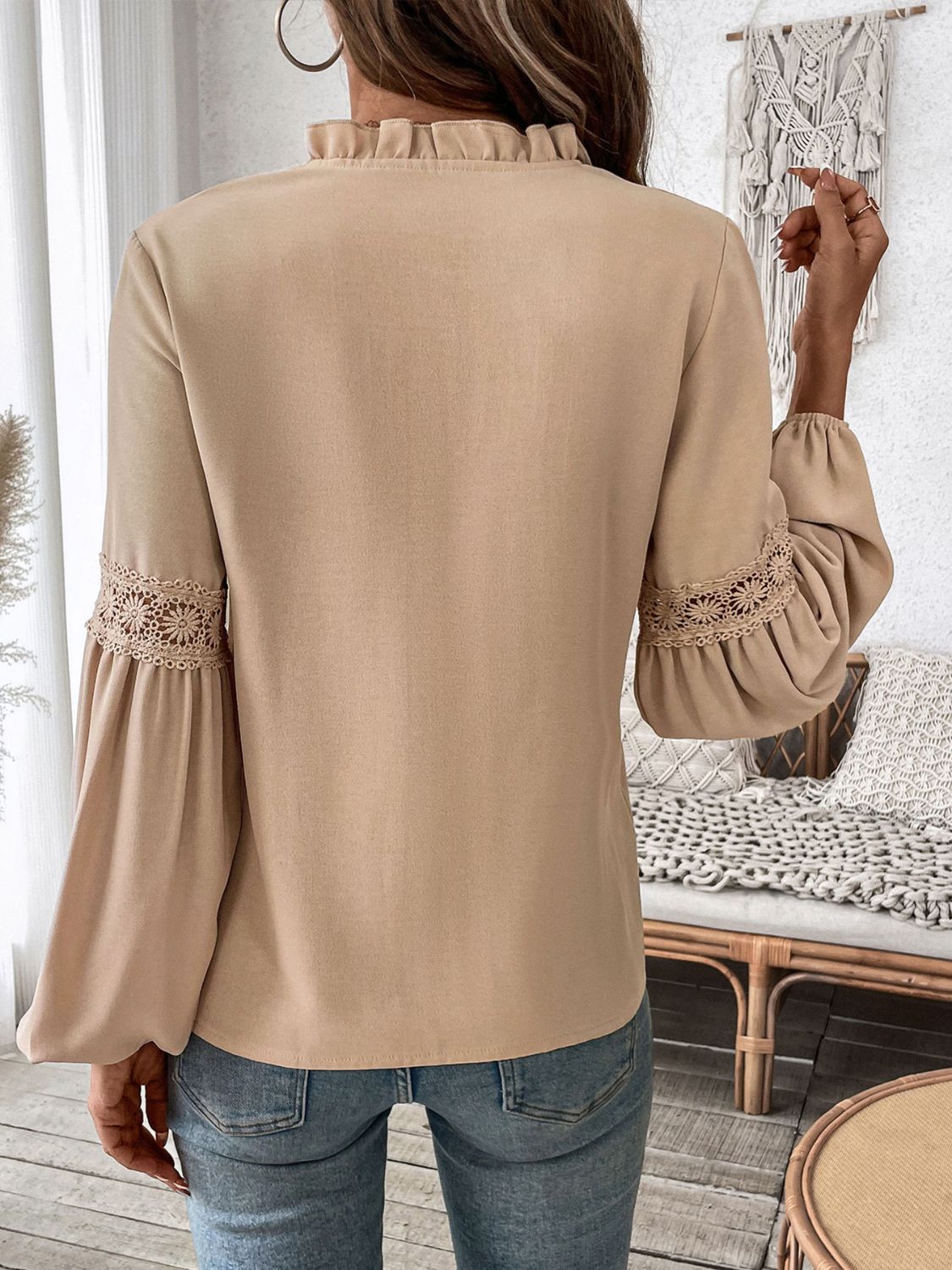 Blue Zone Planet | Perfee Frill Tie Neck Long Sleeve Blouse
