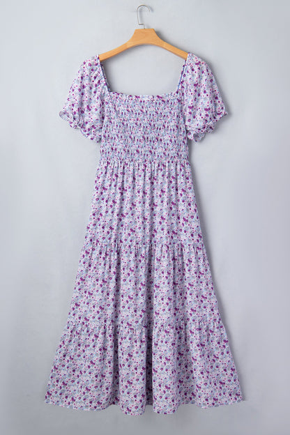 Purple Plus Size Floral Print Square Neck Smocked Maxi Dress
