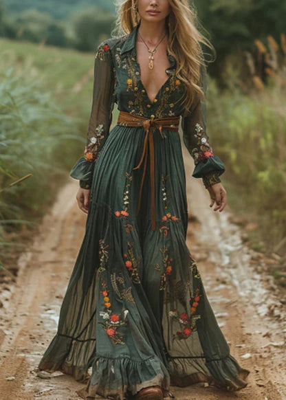 Retro V-Ausschnitt Floral Damen Langarm Langer Rock Country Pastoral Retro Kleid