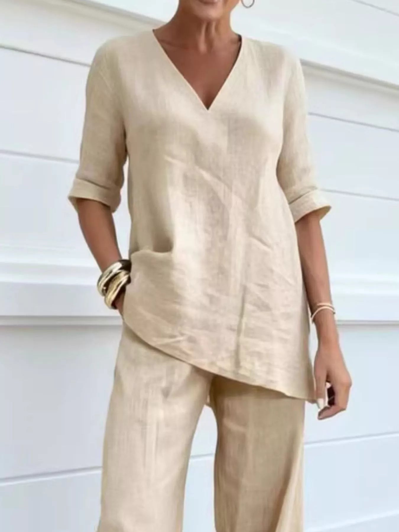 Full Size V-Neck Half Sleeve Top and Pants Set Plus Size