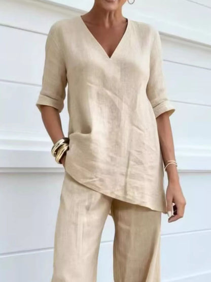 Full Size V-Neck Half Sleeve Top and Pants Set Plus Size