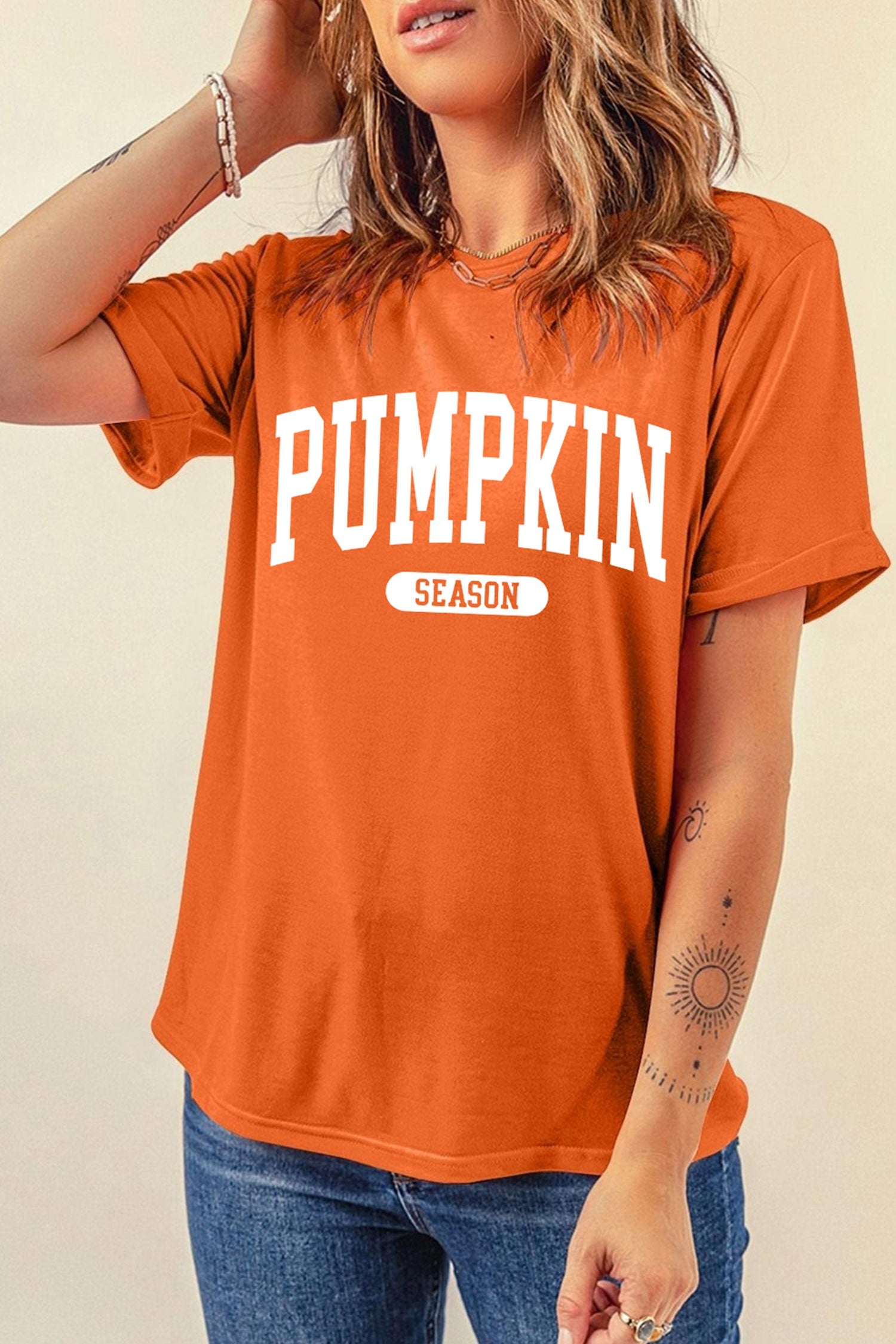 Orange Pumpkin Season Letter Print Relaxed T Shirt