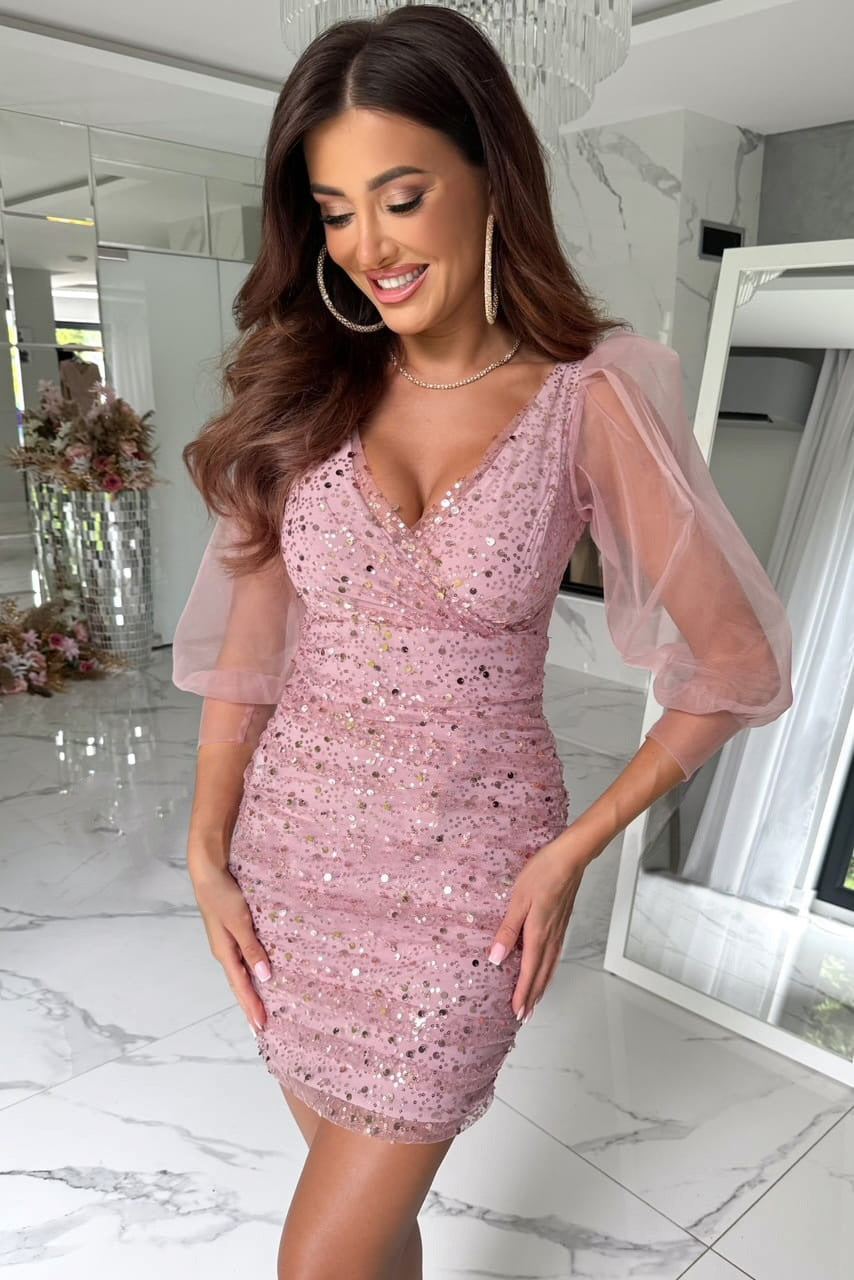 Mini-robe froncée à manches ballon et paillettes en maille