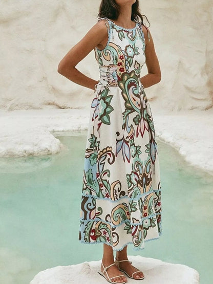 Printed Tie Shoulder Sleeveless Midi Dress