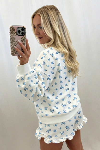 Sky Blue Floral Print Long Sleeve Top Elastic Waist Ruffle Hem Shorts 2pcs Set