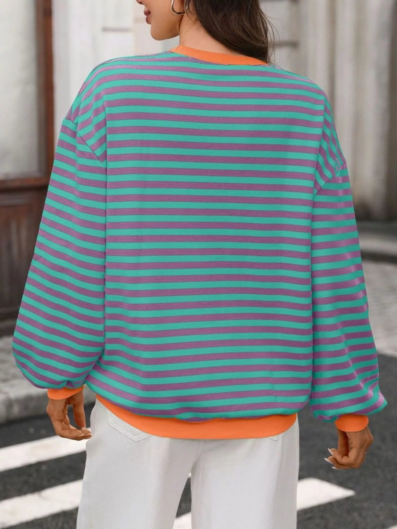 Contrast Trim Striped Crew Neck Sweatshirt