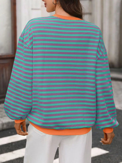 Contrast Trim Striped Crew Neck Sweatshirt