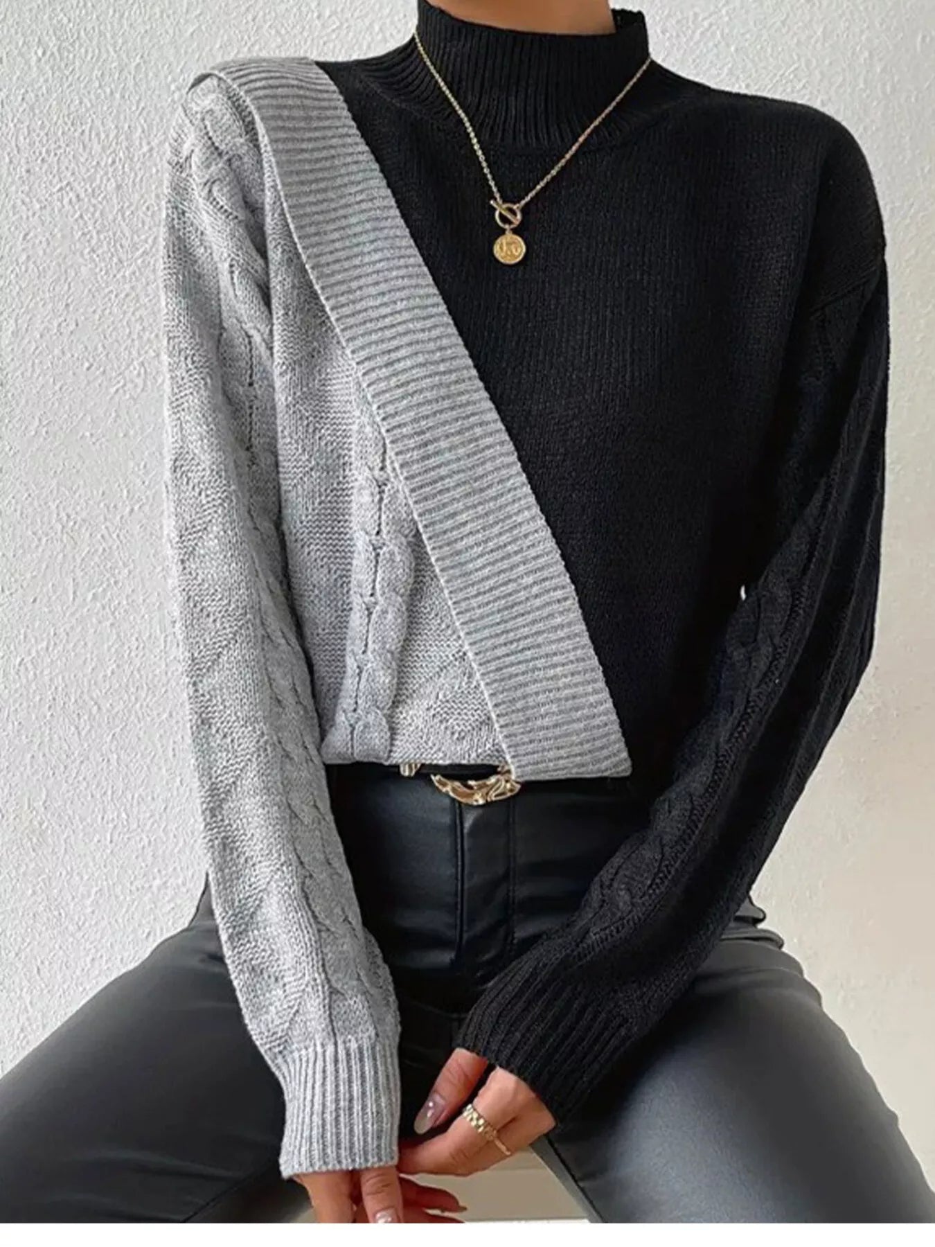 Color Block Cable Knit Mock Neck Sweater
