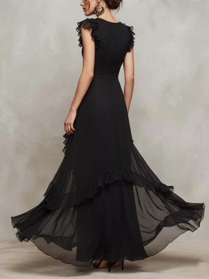 Sheer Ruffle Trim Maxi Dress | Black
