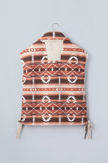 Geometric Print Fleece Metal Button Placket Shift Silhouette Vest