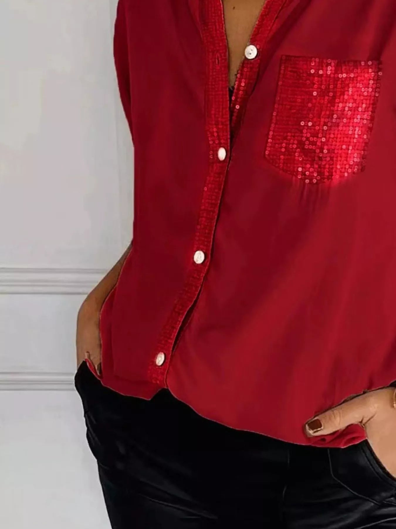 Full Size Sequin Detail Button-Down Shirt Plus Size