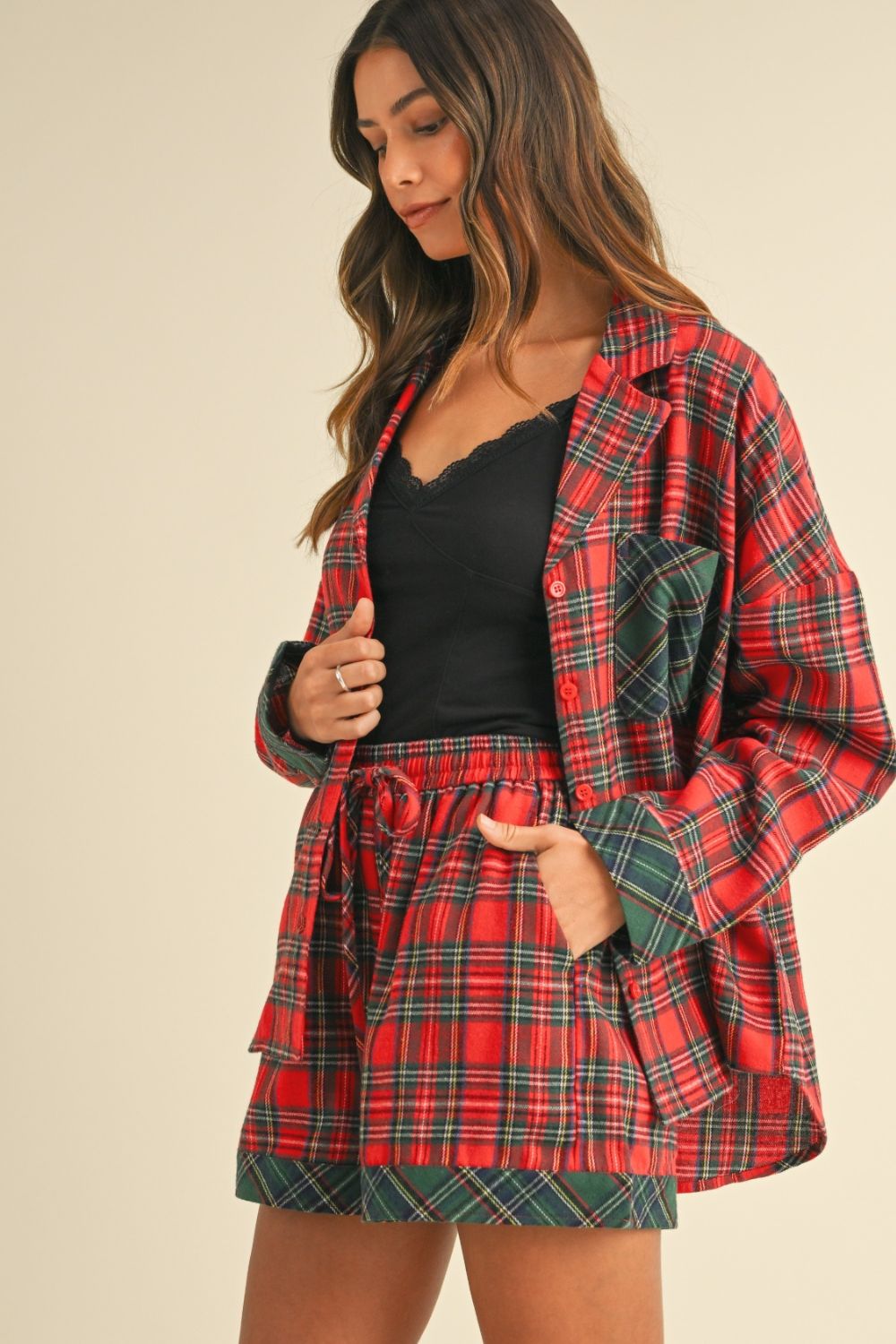 Blue Zone Planet | Annie Wear Contrast Plaid Long Sleeve Top And Shorts Pajama Set