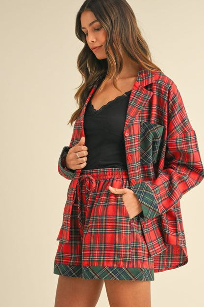 Blue Zone Planet | Annie Wear Contrast Plaid Long Sleeve Top And Shorts Pajama Set