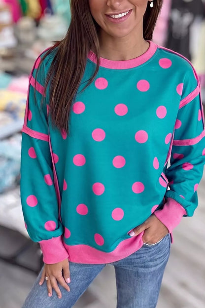 Polka Dot Contrast Patchwork Round Neck Baggy Sweatshirt