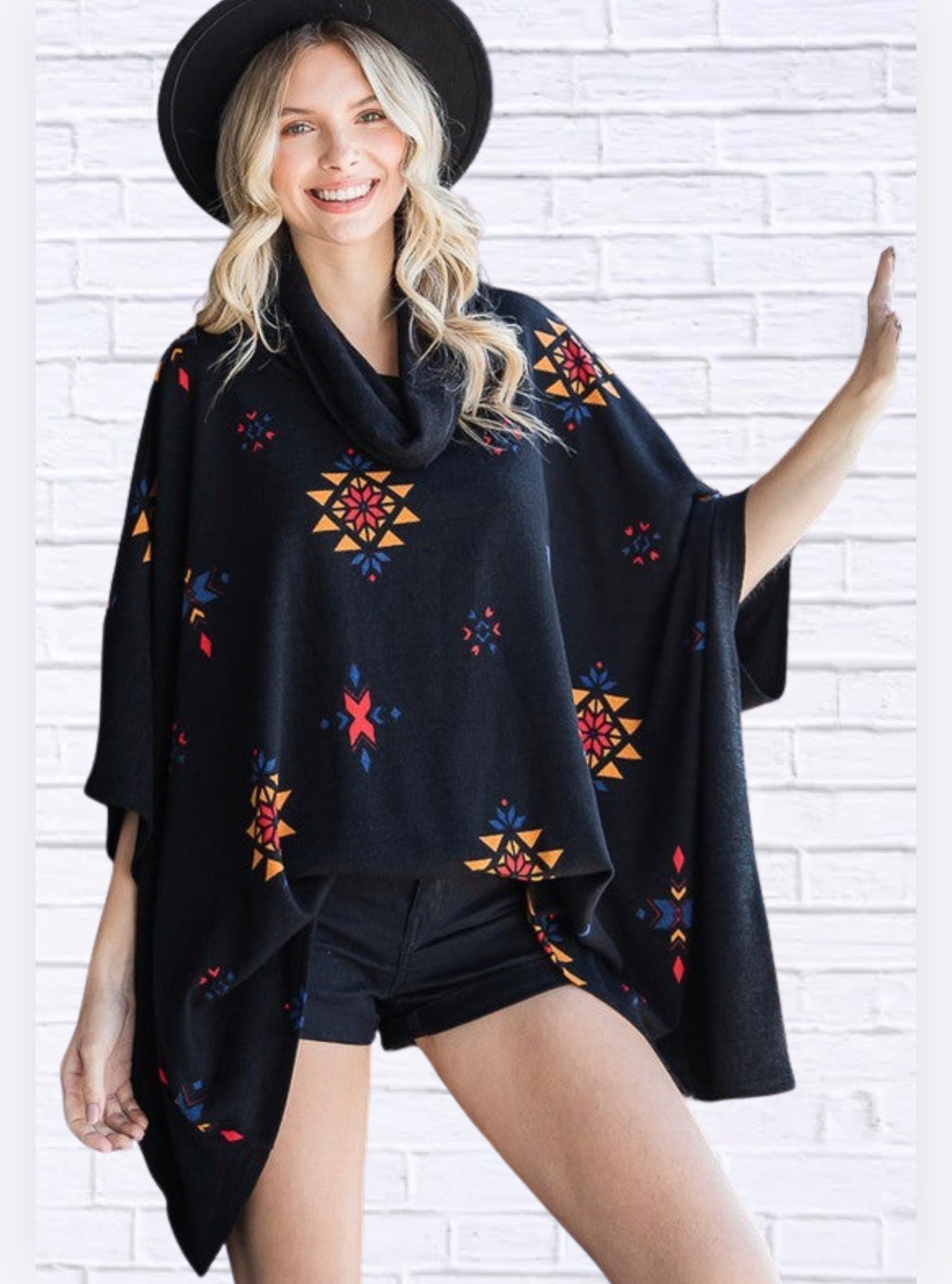 AZTEC PRINT COWL NECK OVERSIZED PONCHO