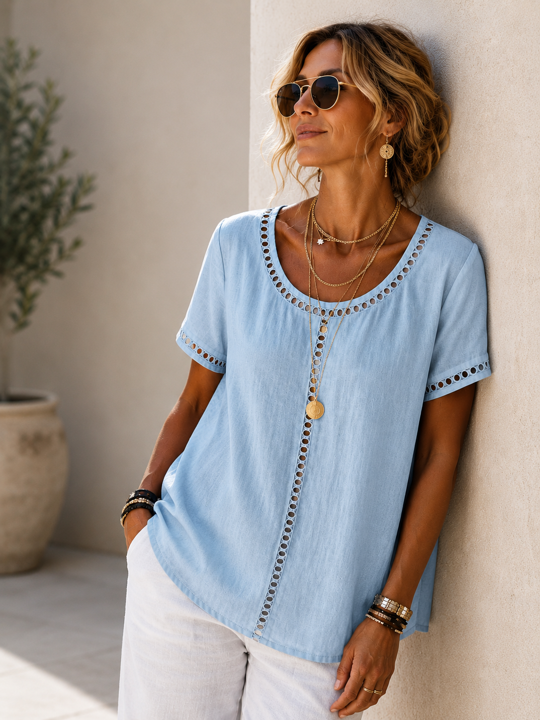 Lace Trim Blouse for Women | Boutique Top in Pink & Blue