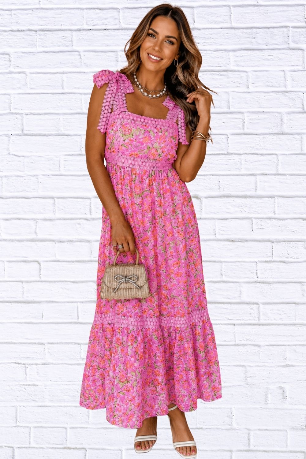 Floral Lace Wide Strap Square Neck Maxi Dress for Women