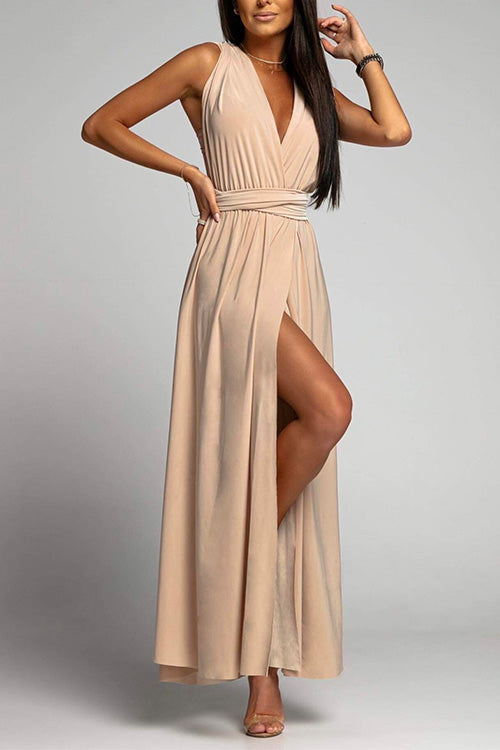 Rosiedress V Neck Sleeveless Back Criss Cross High Slit Maxi Party Dress