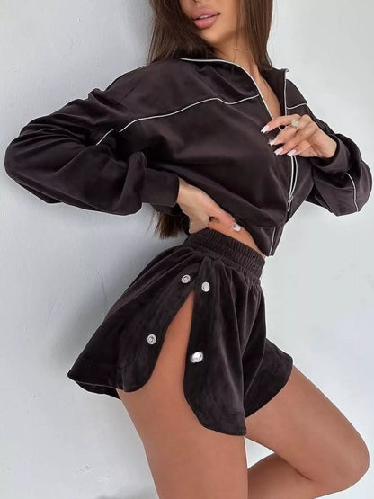 Zip-Up Outerwear and Shorts Set