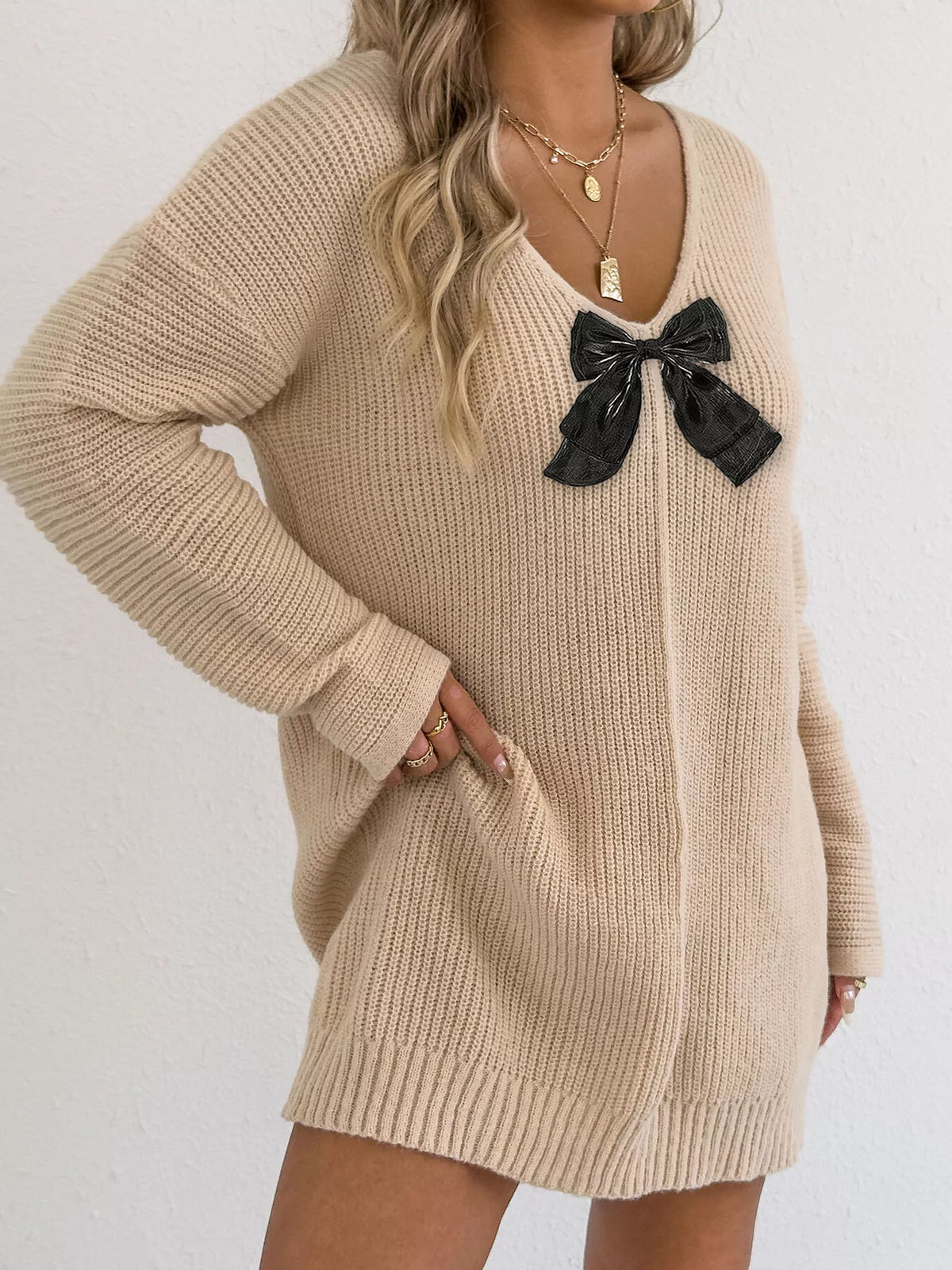 Bow Ribbed Knit Sweater Dress