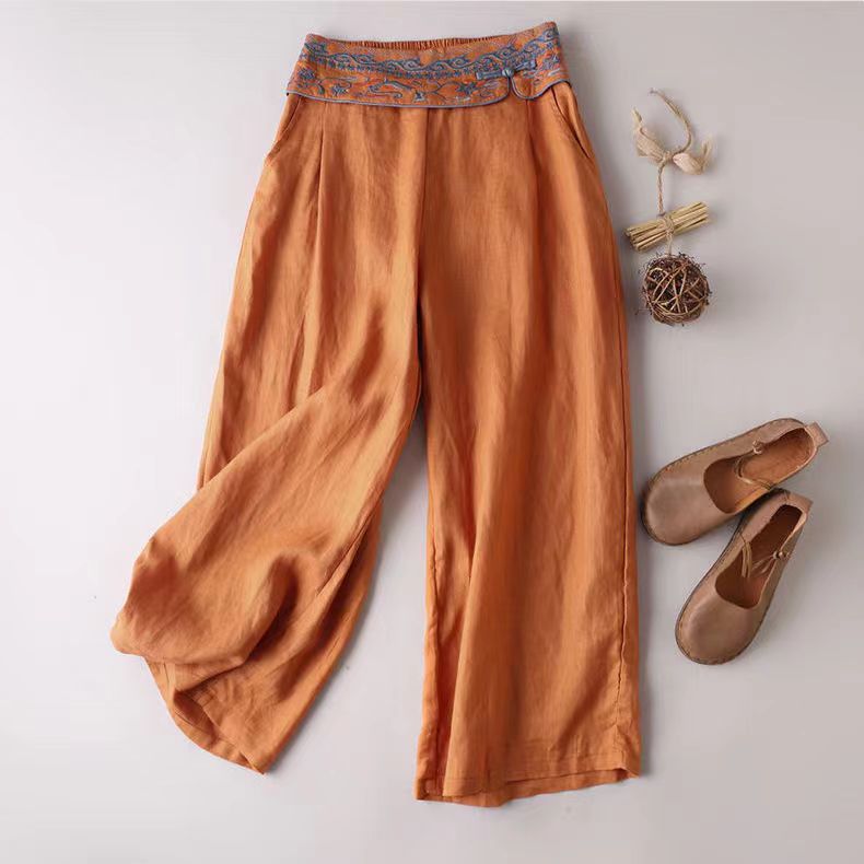 Cotton and linen thin embroidered casual pants