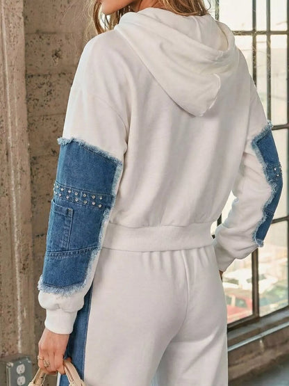 Full Size Studded Denim Patchwork Hoodie and Joggers Set Plus Size