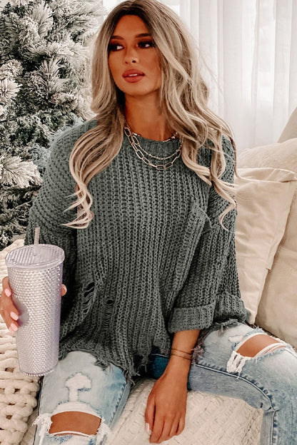 Blue Zone Planet | Distressed Round Neck Drop Shoulder Sweater
