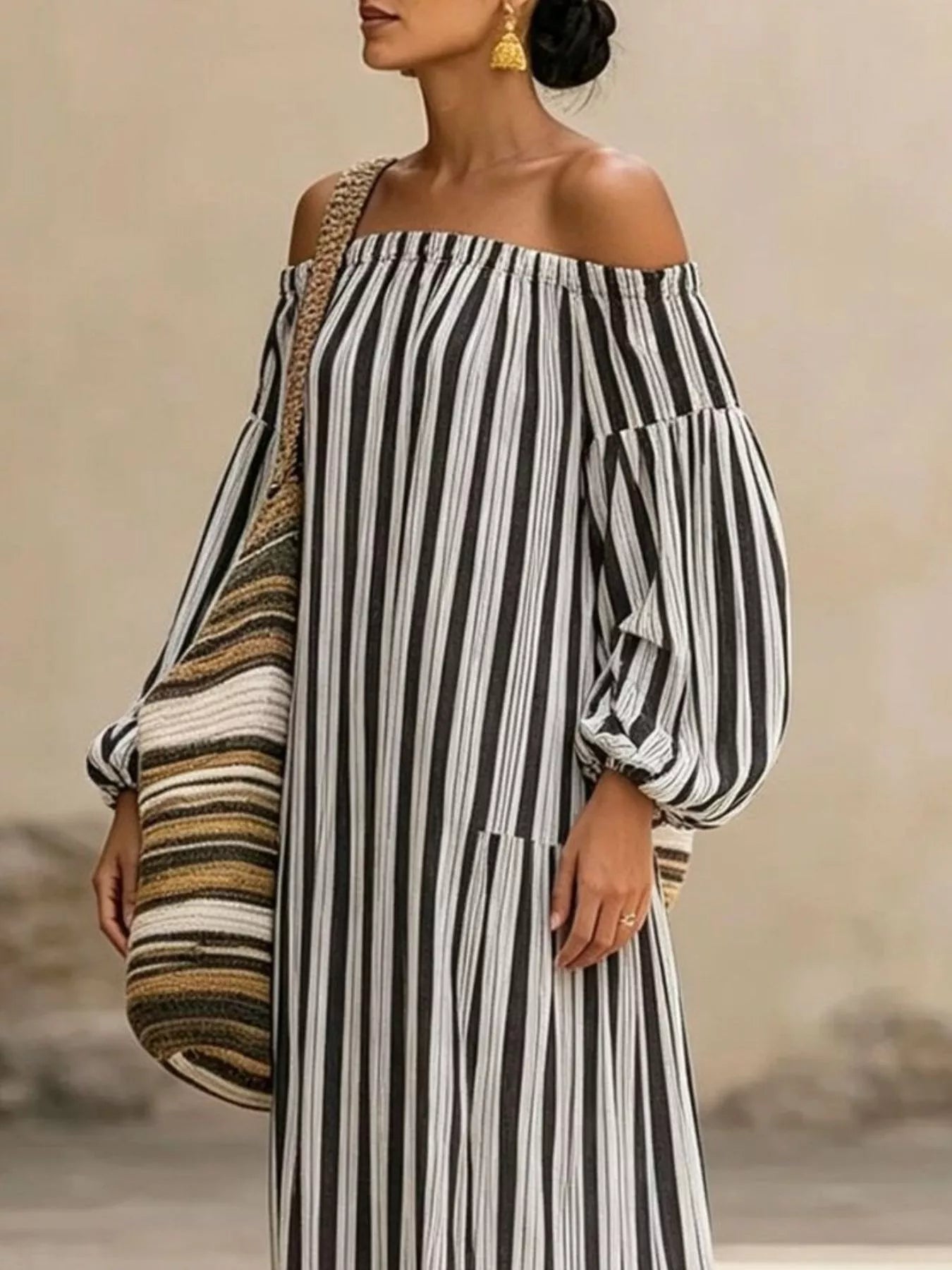 Off-Shoulder Striped Maxi Dress