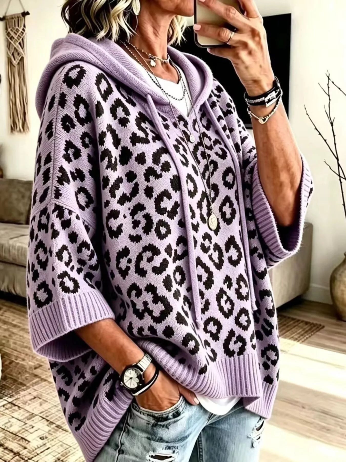 Women's Leopard Print Drawstring Hooded Sweater