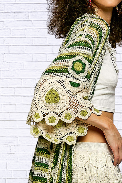 Janice Striped and Floral Pattern Crochet Longline Cardigan