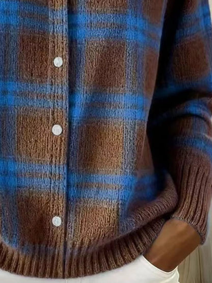 Full Size Plaid Button-Down Knit Cardigan Plus Size