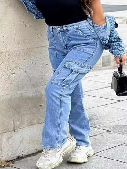 Full Size Light Wash Cargo Jeans with Multiple Pockets Plus Size