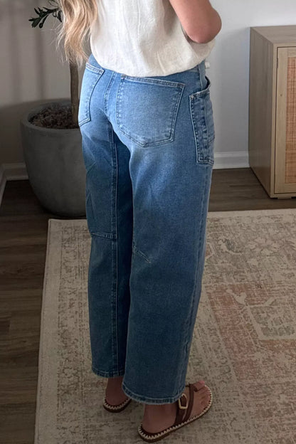 Solid Patchwork Grommet Tie Waist Loose Ankle-Length Jeans