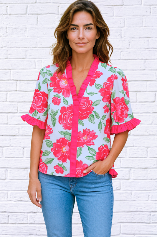 Floral Frilled V-Neck Short Sleeve Blouse