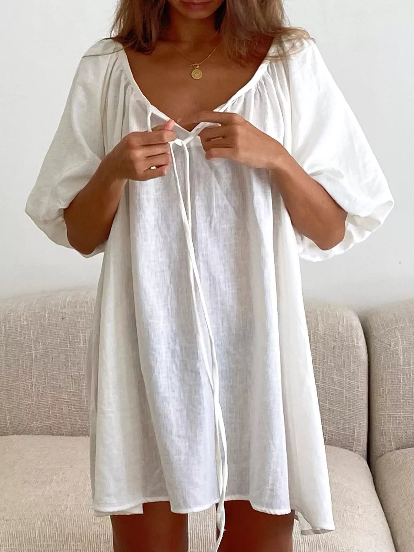 Tie Neck Puff Sleeve Lounge Dress