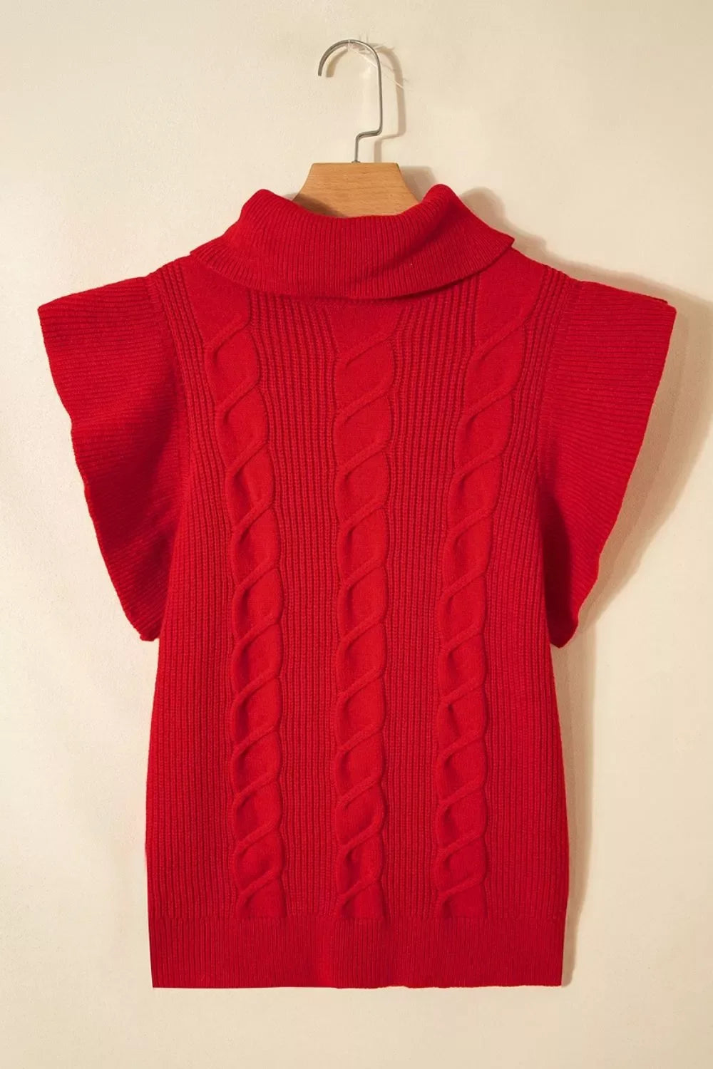 Cable Knit Turtleneck Ruffled Short Sleeve Sweater