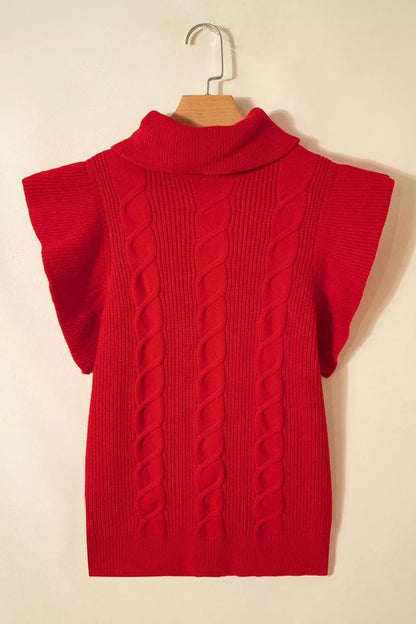 Cable Knit Turtleneck Ruffled Short Sleeve Sweater