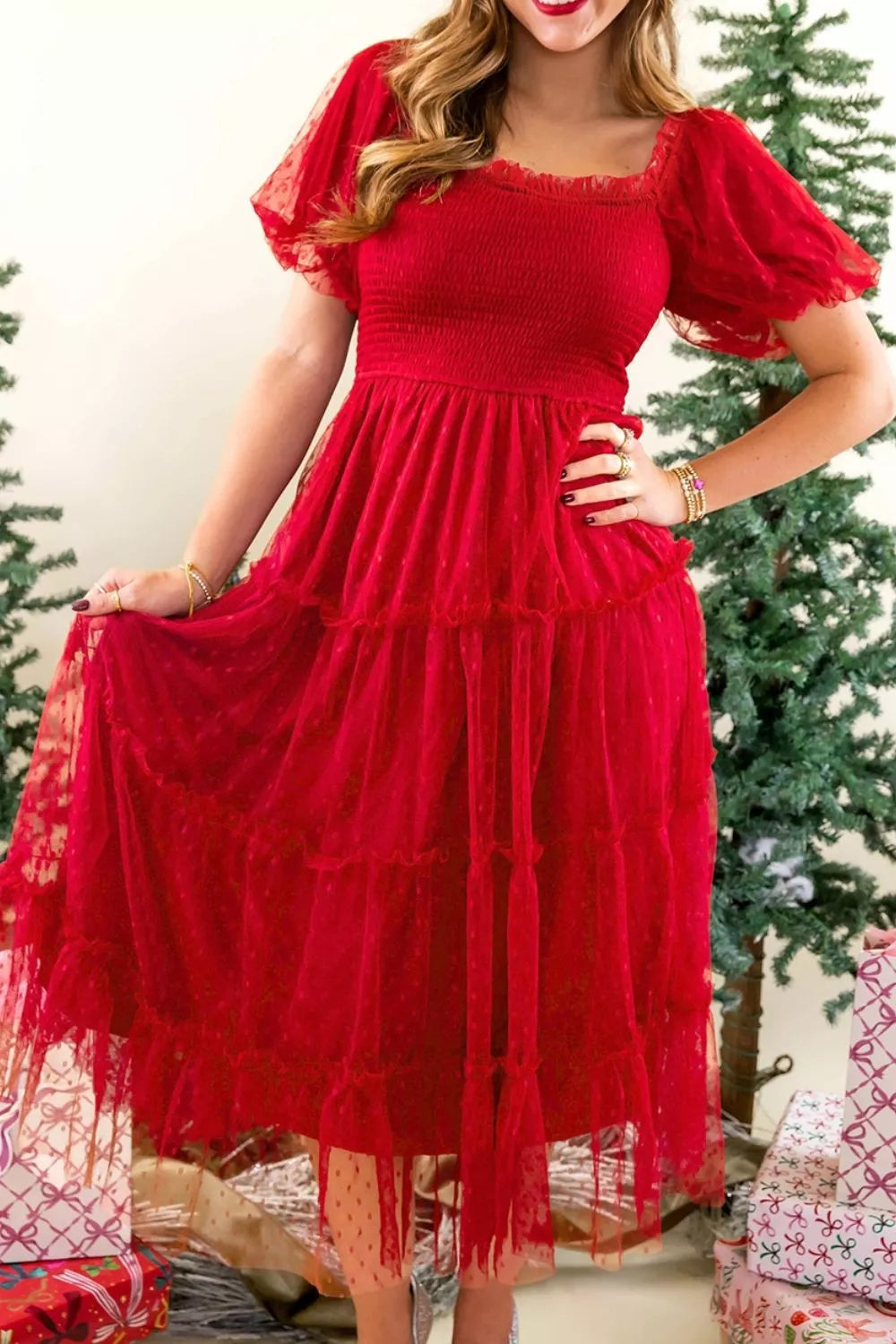 Swiss Dot Tulle Smocked Midi Dress
