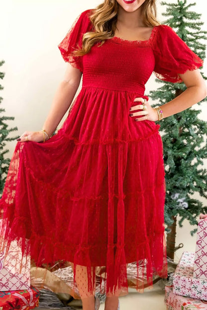 Swiss Dot Tulle Smocked Midi Dress