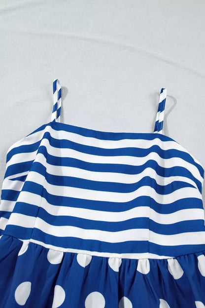 Striped Polka Dot Patchwork High Waist Spaghetti Straps Maxi Dress