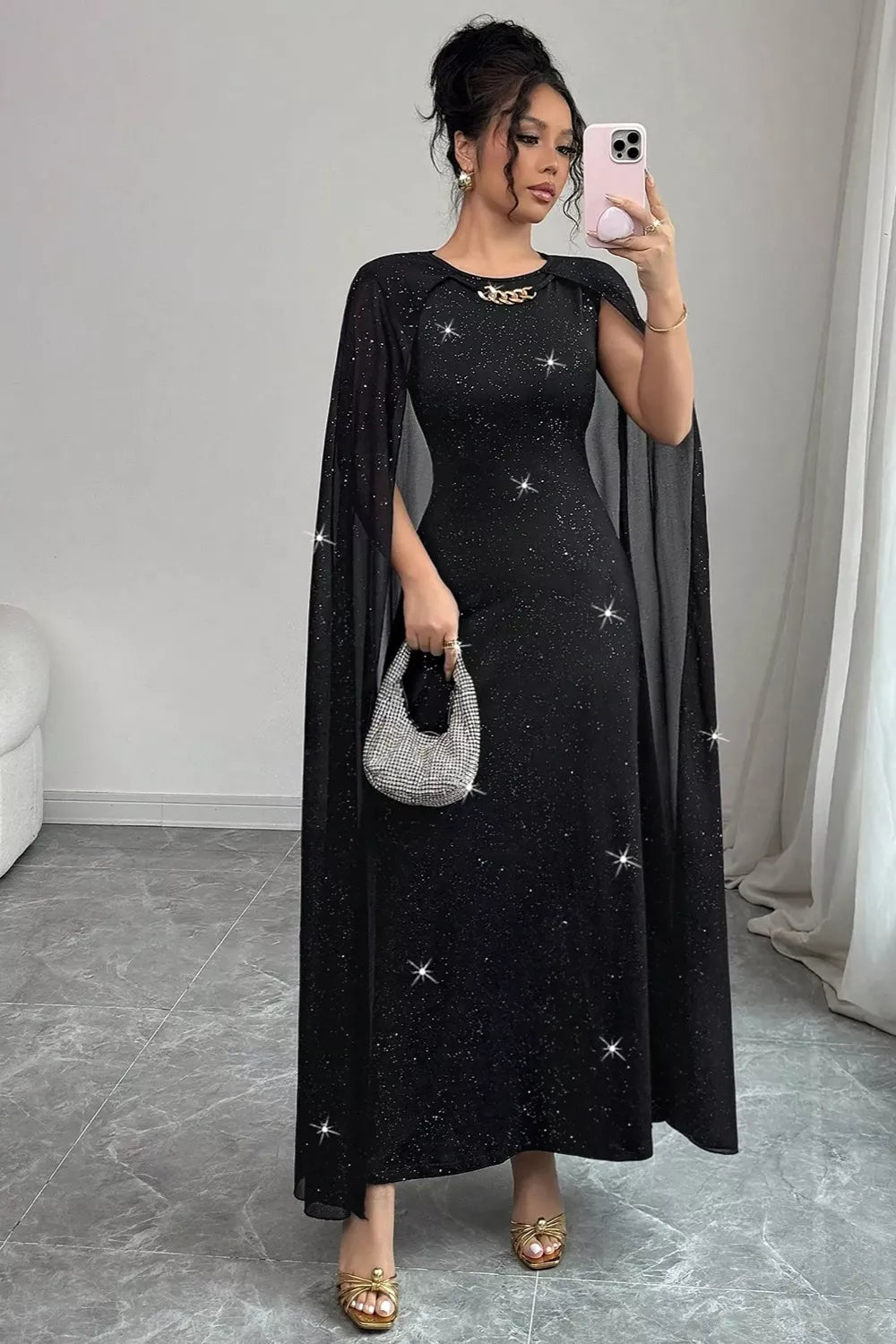 Glitter Cape-Sleeve Maxi Dress