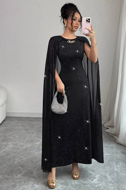 Glitter Cape-Sleeve Maxi Dress