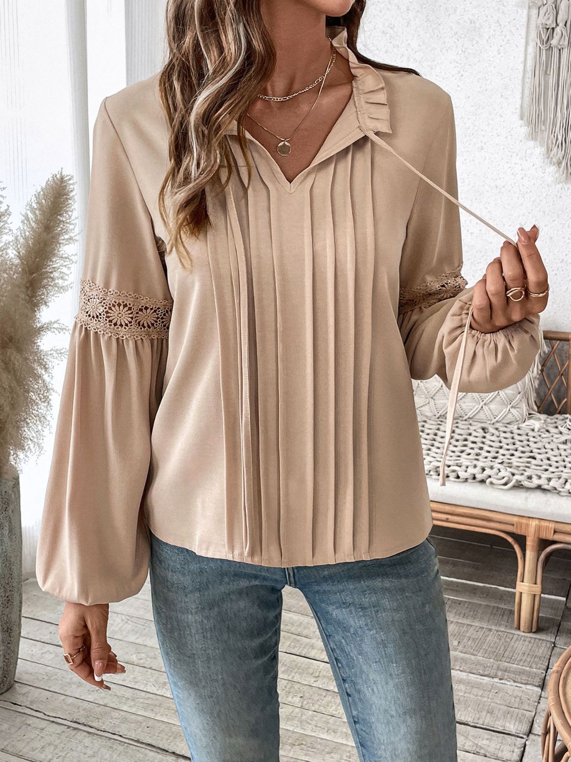 Blue Zone Planet | Perfee Frill Tie Neck Long Sleeve Blouse