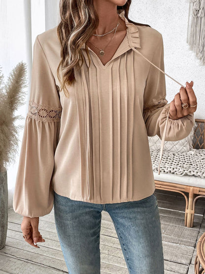Blue Zone Planet | Perfee Frill Tie Neck Long Sleeve Blouse